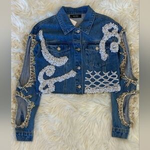 Astra Blue Denim Jacket with Pearl Embellishments